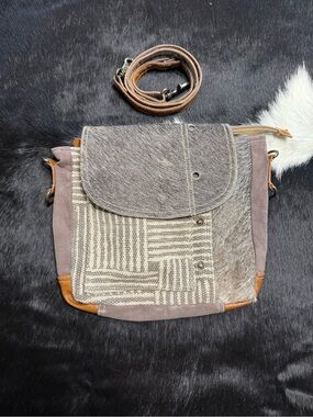 Myra Neutral Gray & Tan Crossbody Bag with Genuine Cowhide Panel